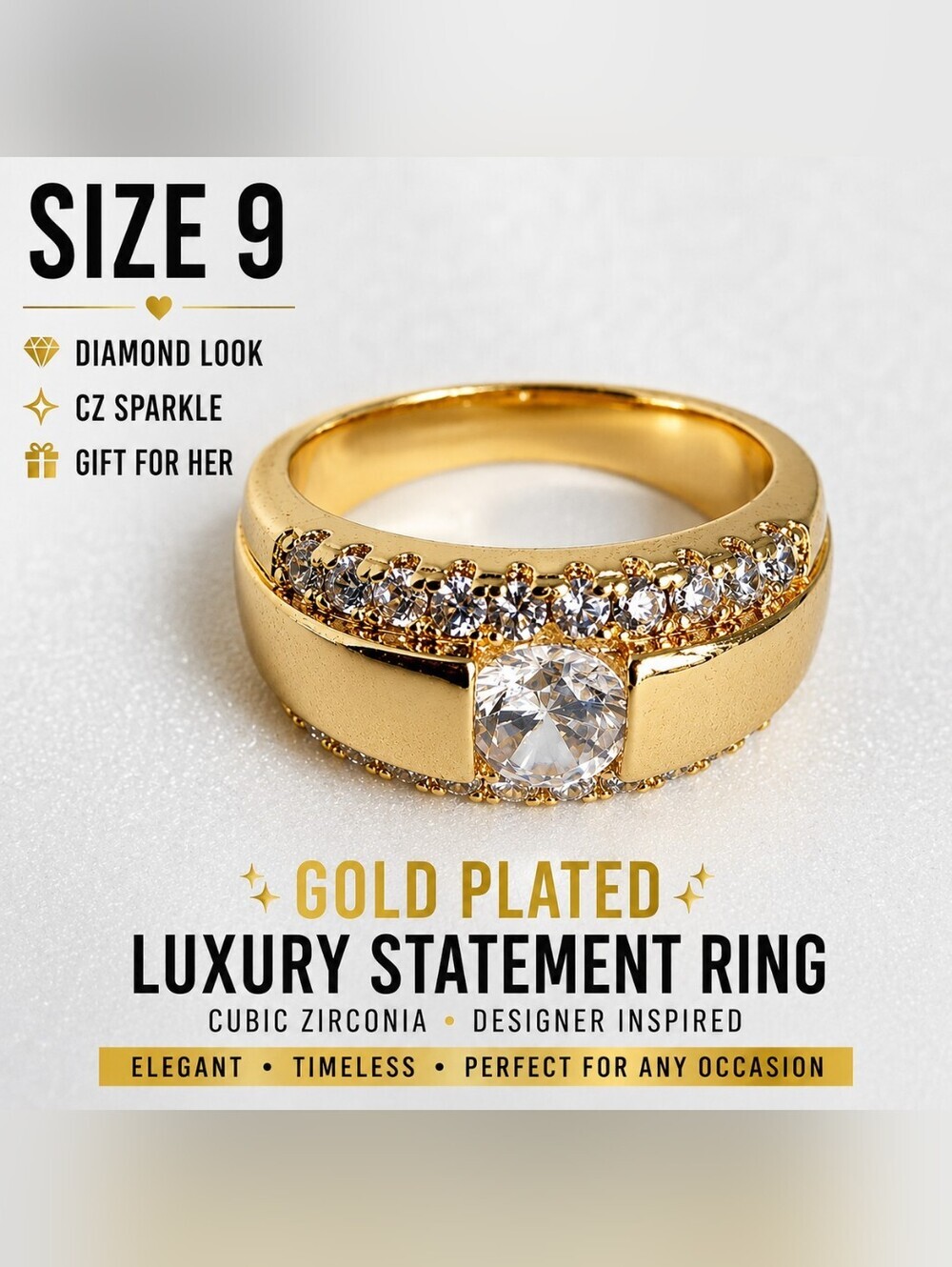 Gold Plated CZ Engagement Ring Size 9 Diamond Look Luxury Statement Ring